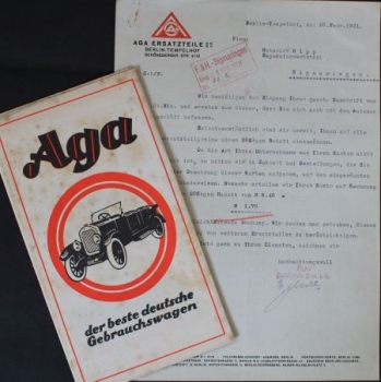 AGA Automobiles Modelprogram 1929 "Der beste deutsche Gebrauchtswagen" Carbrochure (0785)