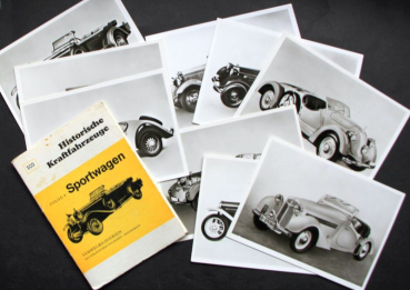 "Historische Kraftfahrzeuge - Sportwagen" Scrappicture-Map with 9 photos 1976 (10788)