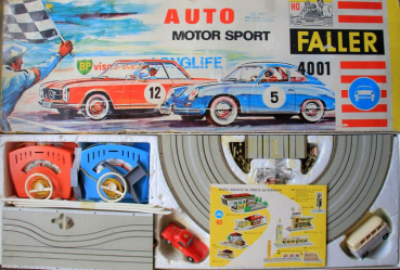 Preview: Faller Auto-Motor-Sport Rennbahn 1965 mit 2 Fahrzeugen in Originalkarton (9635)
