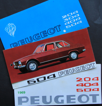 Peugeot 204 - 504 Modellprogramm 1968 drei Automobilprospekte (11506)