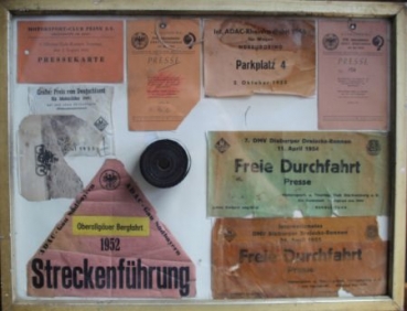 ADAC 1955 Nuerburgring Eifel-Race Lot Photo, Presscard, original Motorracing-Movieroll framed (5655)
