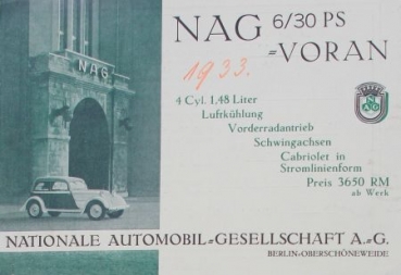 NAG Voran 6/30 PS 1,48 Litre Modelprogram 1933 (S0060)