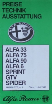 Alfa Romeo Modelprogram 1986 "Technische Ausstattung" Carbrochure (0147)