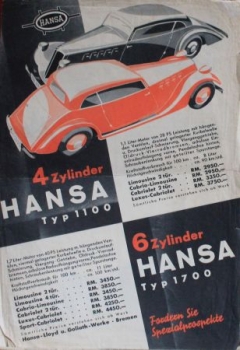 Borgward Hansa 1100 - 1700 Modelprogram 1936 Carbrochure (0633)