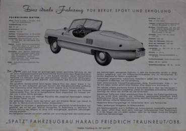 Spatz Fahrzeugbau Traunreut Modellprogramm 1956 "Mit Sorgfalt erdacht" Automobilprospekt (0652)