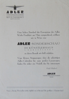 Adler Automobile Modellprogramm 1938 "Sonderschau Wien" Automobilprospekt (3206)