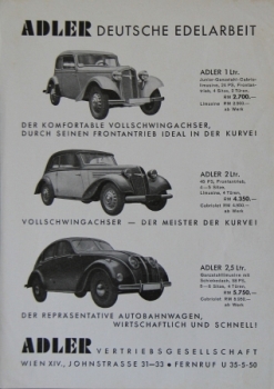 Adler Automobiles Modelprogram 1938 Special Exhibition Vienna Carbrochure (3206)