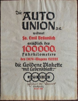 Auto-Union 1939 Urkunde 100.000 km Büttenpapier (3597)