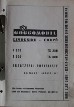 Preview: Glas Goggomobil T 250 - T 300 Ersatzteil-Katalog 1957 (4108)