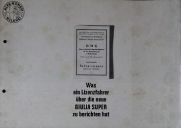 Alfa Romeo Giulia Super Modellprogramm 1965 "Was ein Lizenzfahrer zu berichten hat" Automobilprospekt (6193)