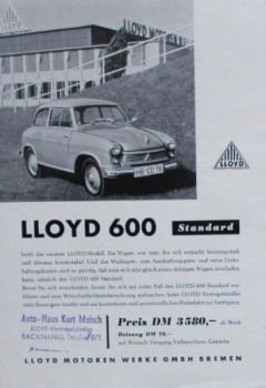 Lloyd 600 Standard Modelprogram 1958 Carbrochure (5258)