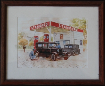 Esso Standard Tankstelle 1935 Werbe-Aquarell gerahmt (6174)