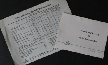 Lloyd Pricelists 1958 "Preise und Kosten" Automobilesbrochures (6342)