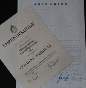 Auto Union 1954 Motorracing Honourdocument (7063)