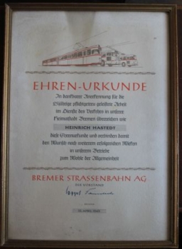 Bremer Straßenbahn Certificate of honor 1949 framed (4427)