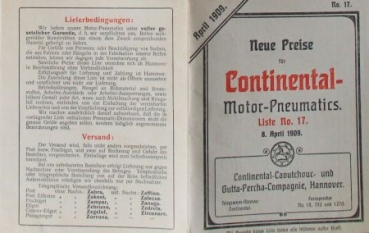 Continental Tires 1909 Motor-Pneumatic Brochure , Pricelist, letter  (8165)