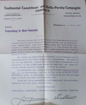 Continental Tires 1909 Motor-Pneumatic Brochure , Pricelist, letter  (8165)