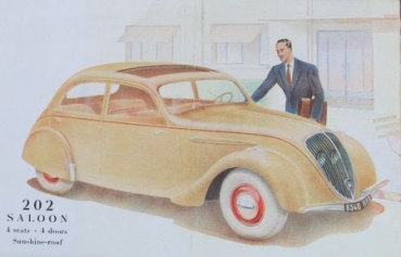 Peugeot 202 Modellprogramm 1938 Automobilprospekt (0522)