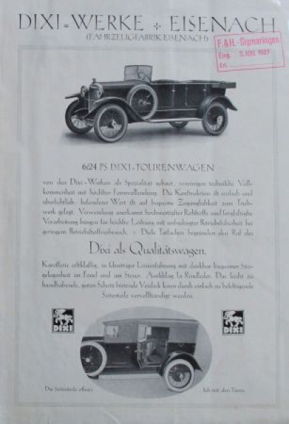 Dixi Tourenwagen 6/24 PS Modelprogram 1925 (S0199)