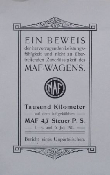 MAF Markranstädter Automobilfabrik 4,7 PS Luftgekühlt Modellprogramm 1911 (S0651)