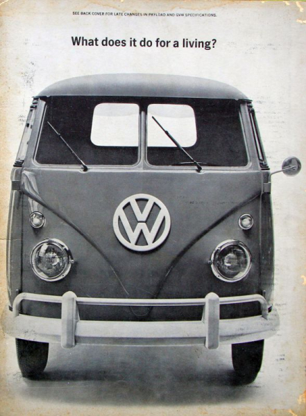 Volkswagen Transporter T1 Modellprogramm 1962 "What does it do for a living" Automobilprospekt (10930)