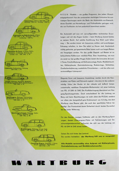 Wartburg Automobile Modellprogramm 1961 Automobilprospekt (4672)