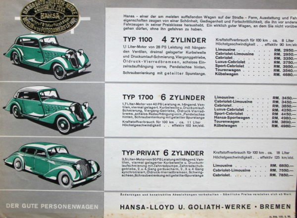 Borgward Modellprogramm 1936 Automobilprospekt (11121)