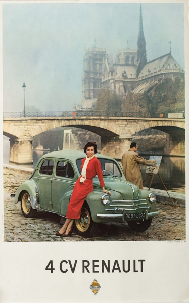 Renault 4 CV at Notre Dame Paris 1958 original Advertisingposter framed (0807)