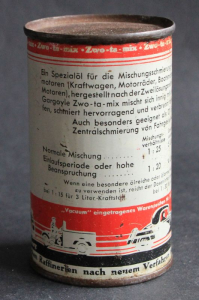 Mobiloil Gargoyle Oilcan 1930 "Zwo-Ta-Mix - Zweitakter Mischungsoel" Deutsche Vacuum Oel AG filled (1685)