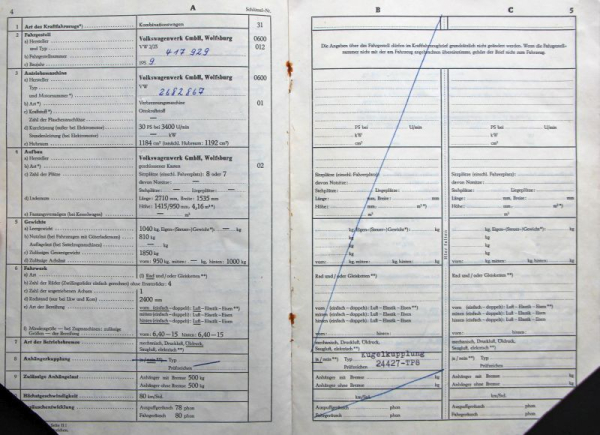 Volkswagen T1 Transporter 1958 Kraftfahrzeugbrief (11200)