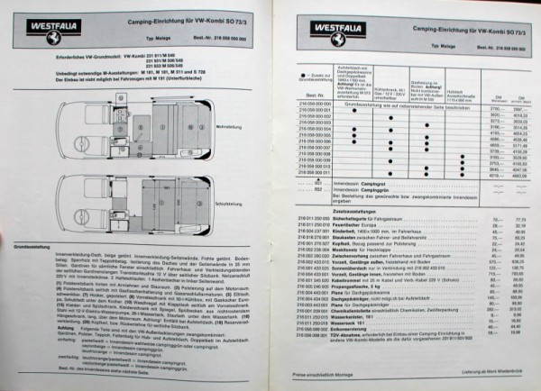 Volkswagen T2 Transporter Westfalia Campingwagen Modellprogramm 1973 Automobilprospekt (11306)