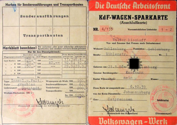 Volkswagen KdF Wagen Sparkarte 1939 mit Sparmarken (11411)