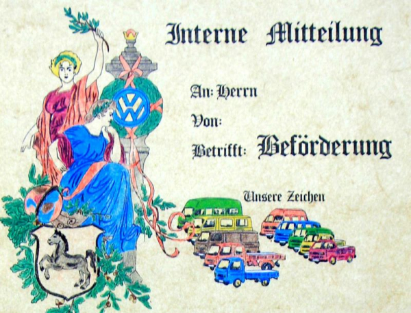 Volkswagen Mitarbeiterauszeichnung mit gerahmter Urkunde 1980 (11540)
