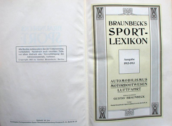 Braunbeck "Sport-Lexikon" Automobil-Motorboot-Luftfahrt-Jahrbuch 1912 Lederausgabe (11714)