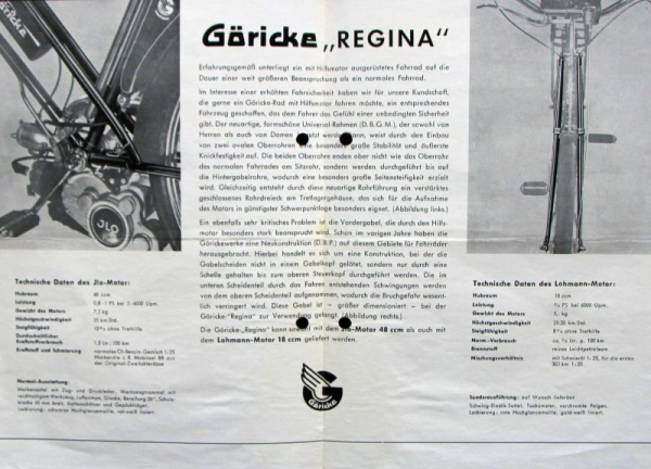 Göricke Regina Fahrrad mit Ilo Motor Modellprogramm 1954 Fahrradprospekt (11715)