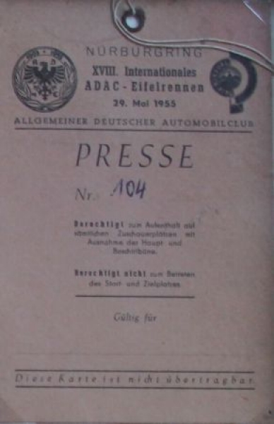 ADAC 1955 Nuerburgring Eifel-Race Lot Photo, Presscard, original Motorracing-Movieroll framed (5655)