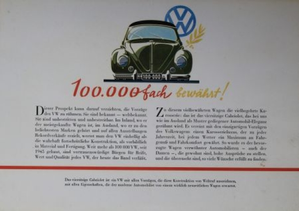 Volkswagen Käfer Cabriolet Modellprogramm 1952 Reuters-Motive Automobilprospekt (0264)