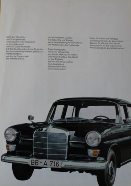 Mercedes-Benz Taxi 200 D Modelprogram 1966 "Sicher, wirtschaftlich, zuverlaessig" Carbrochure (0612)