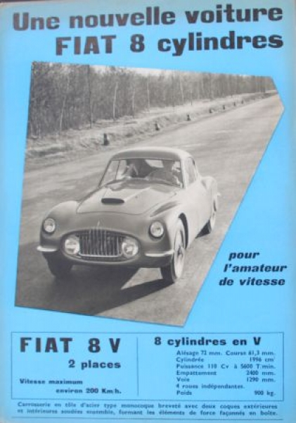 Fiat 8V 2 Places 8 Cylindres Modelprogram 1953 Carbrochure (4124)