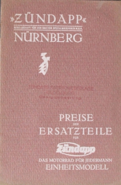 Zündapp Einheitsmodell 1928 Motorrad-Ersatzteilpreisliste (2073)