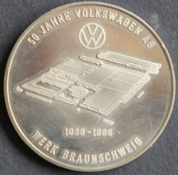 Volkswagen 1988 "50 Jahre VW Werk Braunschweig" VW-Gedenkmünze in Originalbox (4679)
