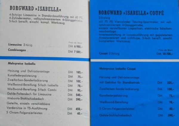 Borgward Isabella Pricelist 1958 Carbrochure (4808)