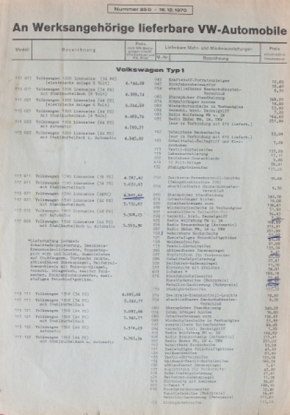 Volkswagen Modelprogram 1970 "An Werksangehoerige lieferbare VW-Automobile" Carbrochure (2526)