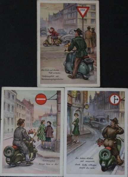 Motorbike-Postcards 1955 three 3 Trafficsigns (2563)