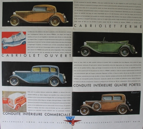 Adler Primus 1.5 litres Modelprogram 1933 Reuters-Drawings Carbrochure (2934)