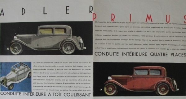 Adler Primus 1.5 litres Modelprogram 1933 Reuters-Drawings Carbrochure (2934)
