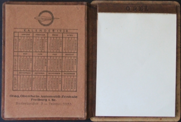 Opel Tablecalendar 1938 with papernotebook calfleather (3003)