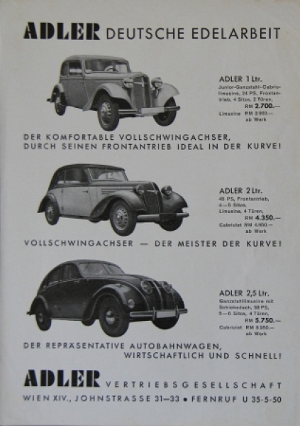 Adler Automobiles Modelprogram 1938 Special Exhibition Vienna Carbrochure (3206)