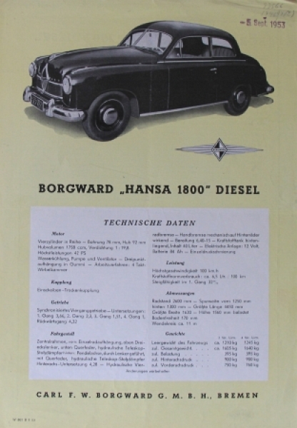 Borgward Hansa 1800 Diesel Modelprogram 1953 Carbrochure (3344)