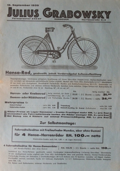 Hansa-Bicycles Modelprogram 1939 "Julius Grabowsky" Bicyclebrochure (3540)